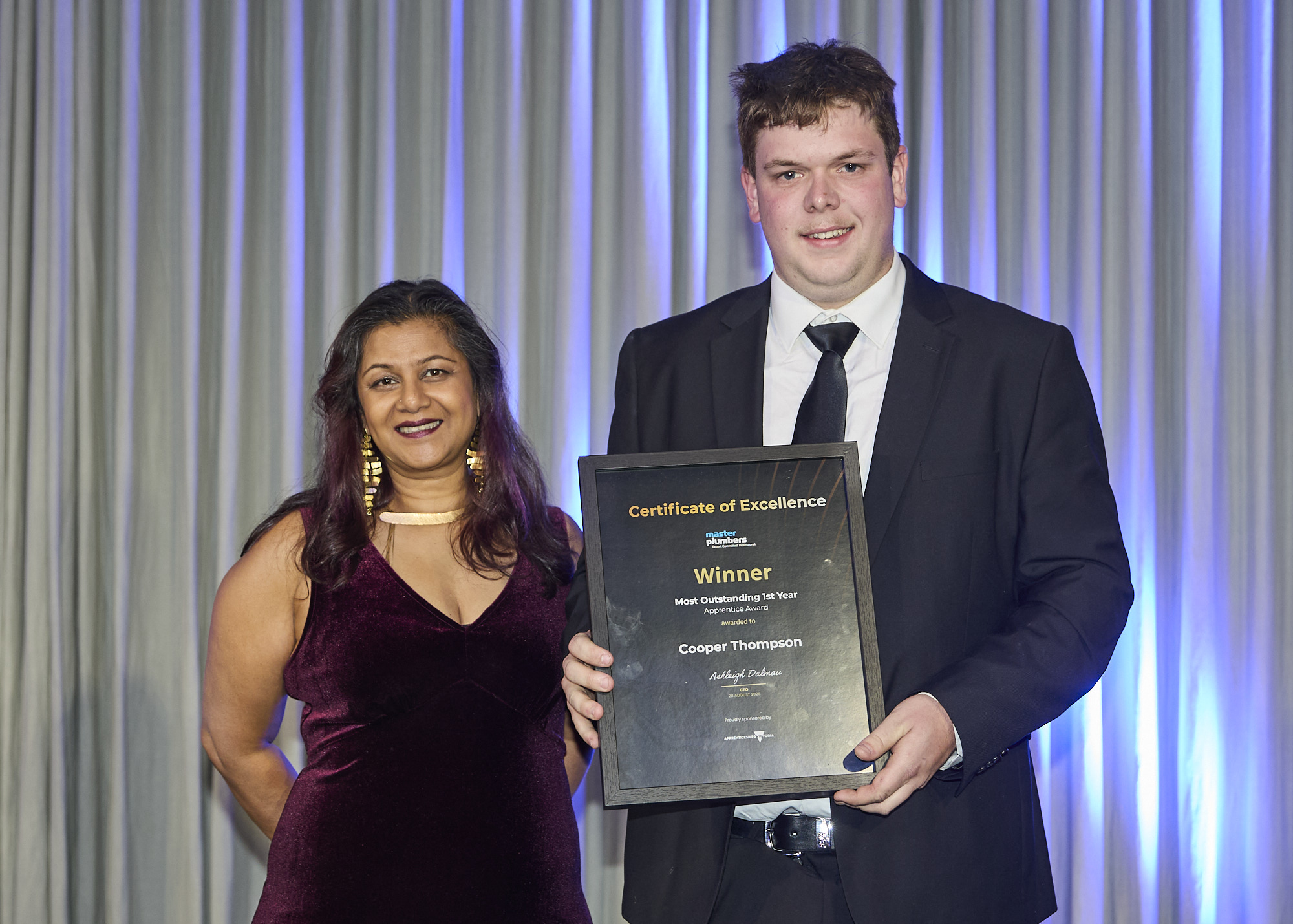 Cooper Thompson receiving the Most Outstanding 1st Year Apprentice Award at the 2026 Master Plumbers Excellence Awards