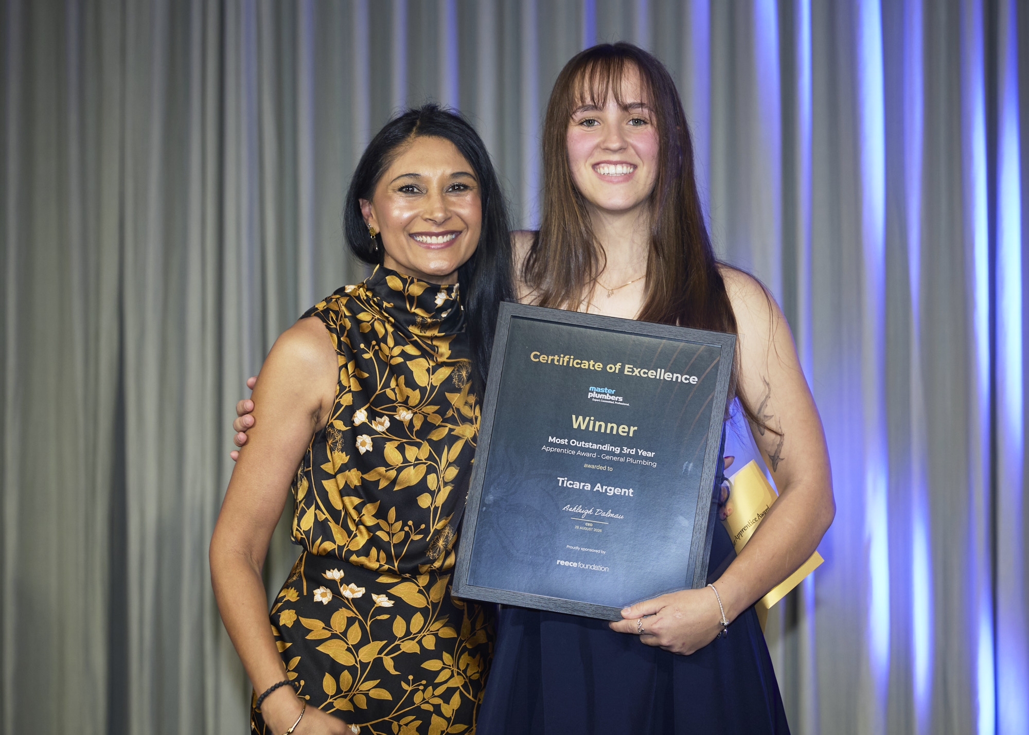 Ticara Argent receiving the Most Outstanding 3rd Year Apprentice in General Plumbing Award at the 2026 Master Plumbers Excellence Awards