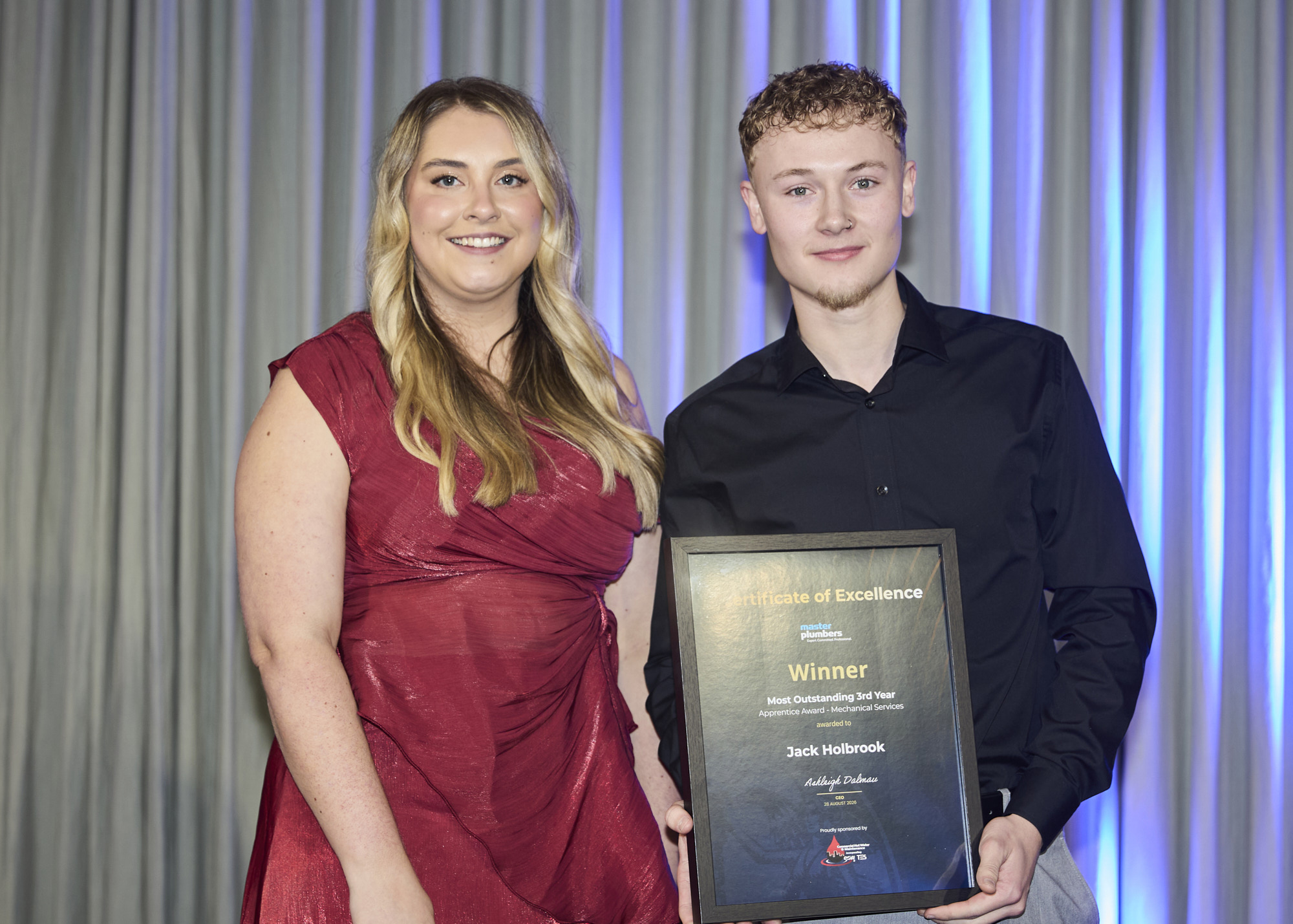 Jack Holbrook receiving the Most Outstanding 3rd Year Apprentice in Mechanical Services Award at the 2026 Master Plumbers Excellence Awards