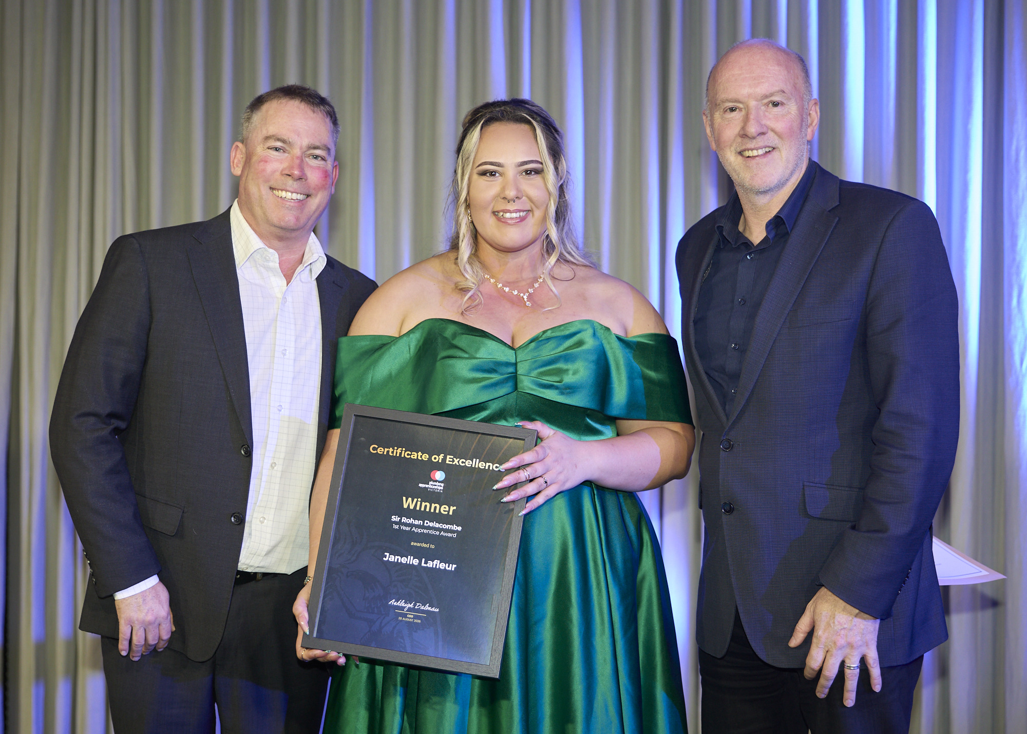 Janelle Lafleur receiving the Sir Rohan Delacombe 1st Year Apprentice Award at the 2026 Master Plumbers Excellence Awards