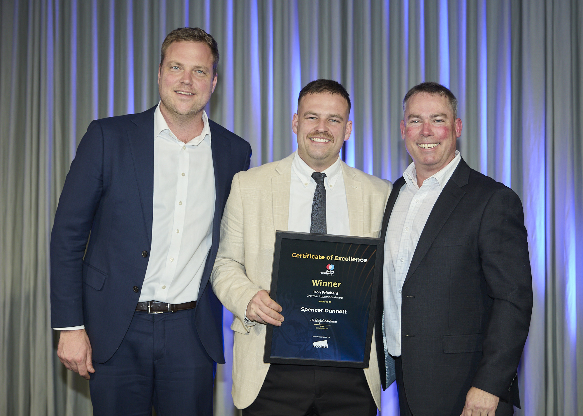 Spencer Dunnett receiving the Don Pritchard 3rd Year Apprentice Award at the 2026 Master Plumbers Excellence Awards