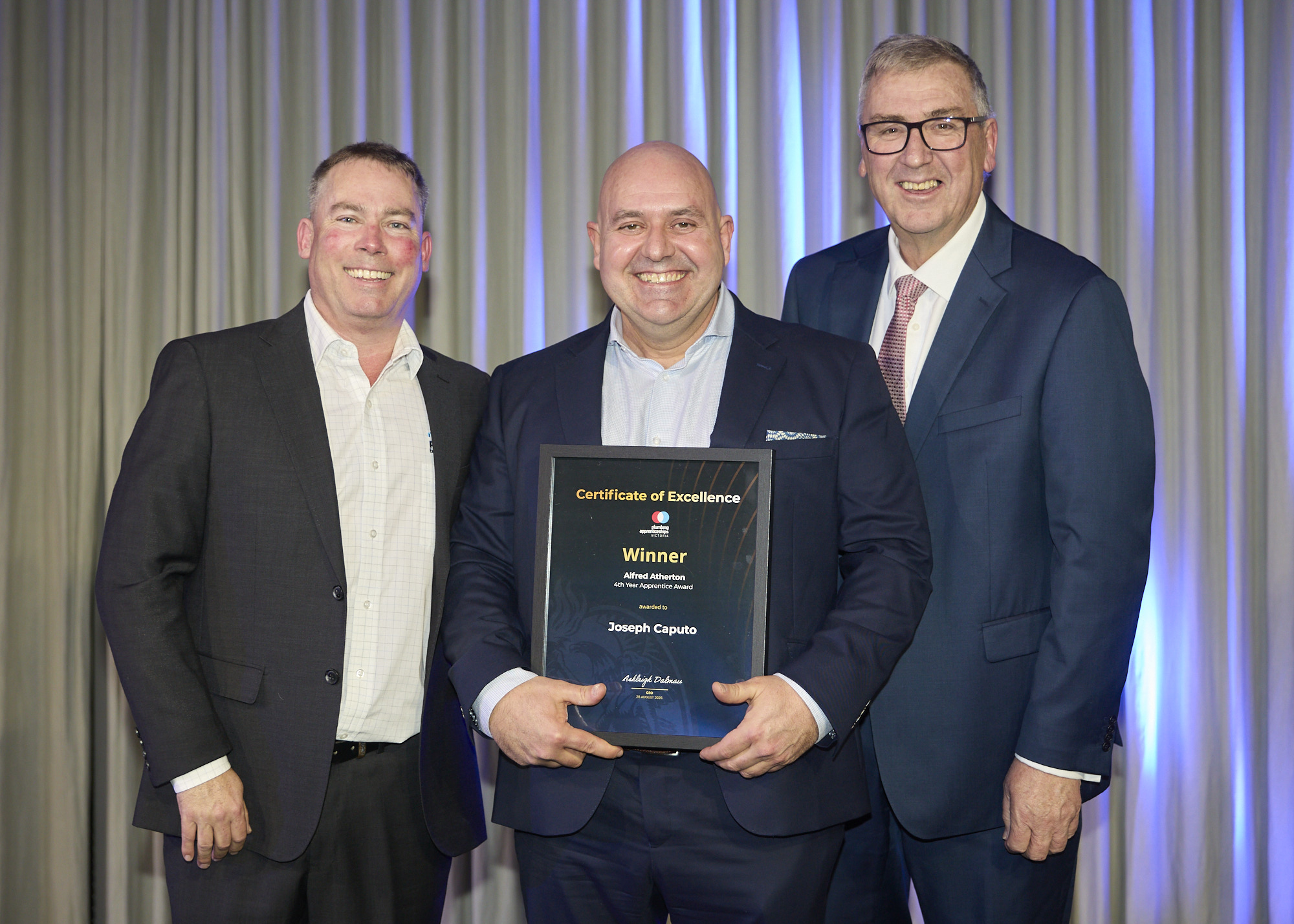 Joseph Caputo receiving the Alfred Atherton 4th Year Apprentice Award at the 2026 Master Plumbers Excellence Awards