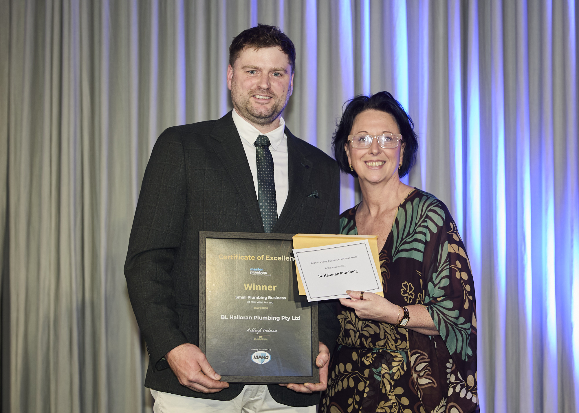BL Halloran Plumbing Pty Ltd receiving the Small Plumbing Business of the Year Award at the 2026 Master Plumbers Excellence Awards