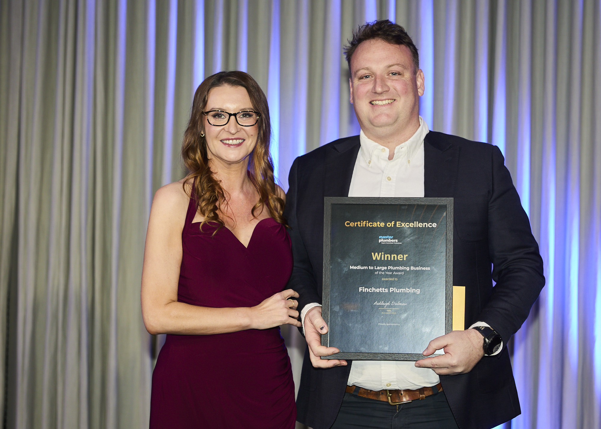 Finchetts Plumbing receiving the Medium to Large Plumbing Business of the Year Award at the 2026 Master Plumbers Excellence Awards